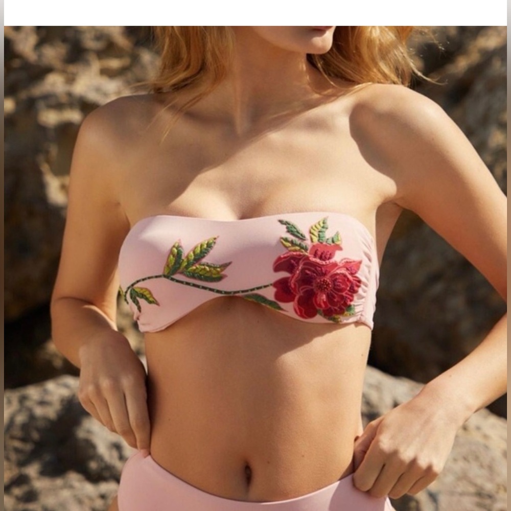 FARM Rio Pink Flower Embroidered Bandeau Bikini NWT size XS
